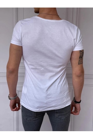 Modefendi Slim Fit Derin Açık Yaka Pamuklu Tshırt Beyaz