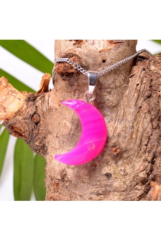 Ay Şeklinde Pembe Akik Taşı Kolye - Küçük Boy Renkli Ay Şeklinde Pembe Akik Taşı Kolye - Küçük Boy Renkli