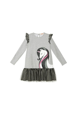 Denokids Zarif Unicorn Gri Kız Çocuk Elbise Gri