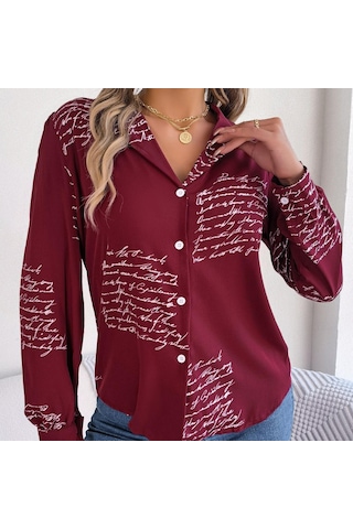 Gmxıa Kadın Modası Günlük Yazlık Takım Uzun Kollu Yaka Bluzlar Ve Alfabe Gömlekler Bordo