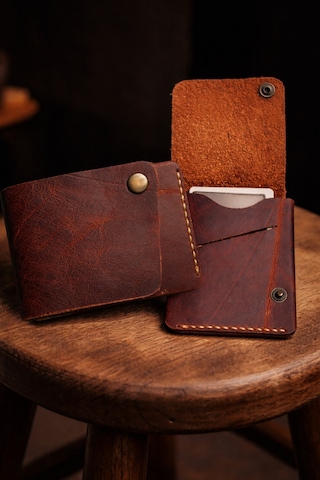 Huggy Craft Hakiki Crazy Deri Dikey Kartlık Cüzdan Minimalist El Yapımı Kaliteli Deri Kartlık Taba
