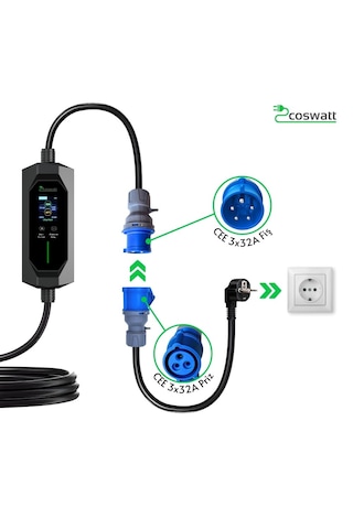 Coswatt Taşınabilir EV Şarj Cihazı CS-P1-32A / 7.4kW / 8m / Türkçe / 220V AC / Tip-2 / 3x32A CEE / Ev Tipi Dönüştürücü / Çanta