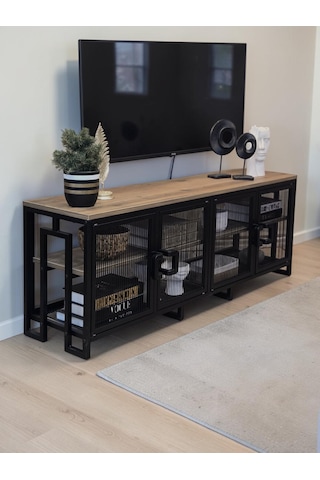 Dekoratif Metal Gövdeli Ahşap Raflı Tv Ünitesi 3 Raflı 4 Kapaklı Tv Sehpası 150 X 36 Cm Televizyon Ünitesi Siyah