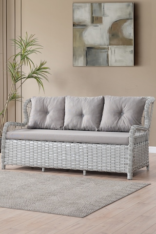 Paris Rattan Puflu Bahçe Balkon Takımı 3+1+1 Cam Masalı Gri