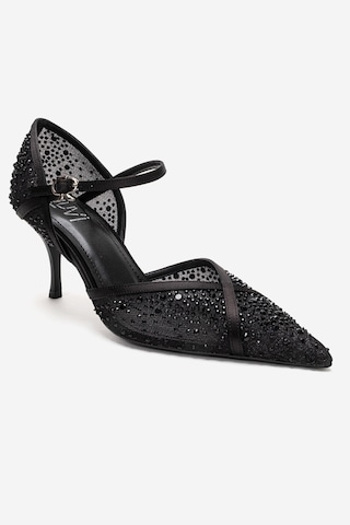 Luvishoes Rachel Siyah Saten Taş Detaylı Fileli Kadın İnce Topuklu Abiye Ayakkabı