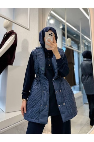 Esra Butik78 Kapitone Şişme Yelekli Tesettür 3 Lü Takım Spor Şık Modern Kombin Yelek + Sweatshirt + Pantolon Lacivert