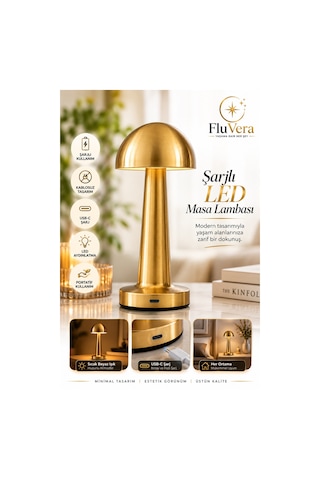 Şarjlı Masa Lambası Gold Mantar Kablosuz Led Dokunmatik Gece Lambası Altın