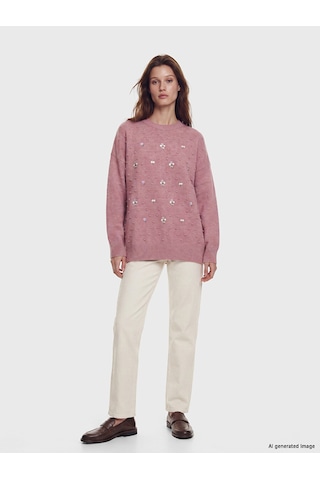 Lcw Modest Pembe Bisiklet Yaka Çiçek Nakışlı Kadın Triko Tunik