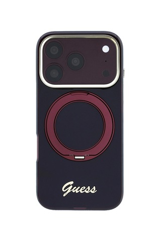Apple iPhone Uyumlu 18 Pro Kılıf Guess Lisanslı M-safeli Dönebilen Standlı Metal Yazı Logolu Silikon Kapak Bordo