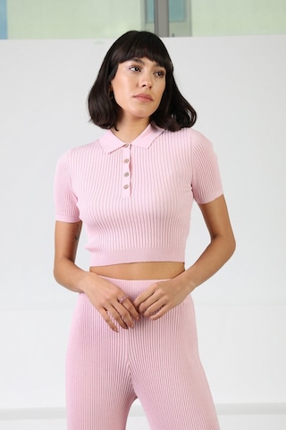 Ferraro Pembe Kadın Polo Yaka Kısa Kol Fitilli Viskon Triko Bluz Pembe
