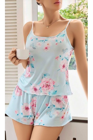 Mr Owl Kadın Bebe Mavisi Çiçek Desenli Askılı Şortlu Pijama Takımı