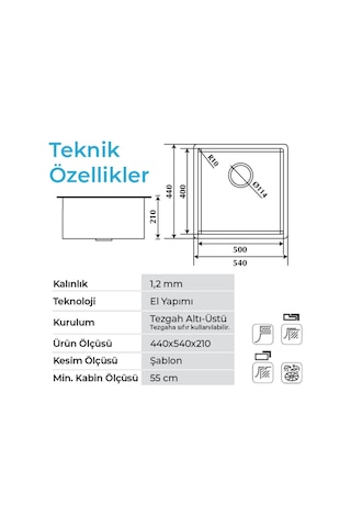 Crauf Stella 4454 Inox 50x40 El Yapımı Paslanmaz Çelik Mutfak Eviyesi İnox