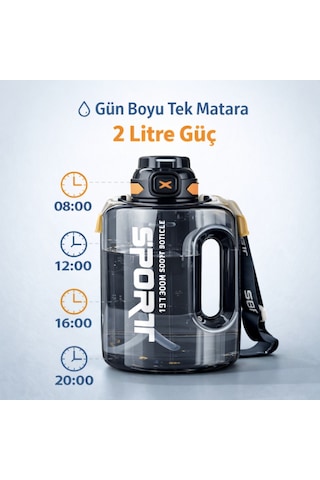 Polham 2 Litre Sporcu Su Matarası Pipetli Açılır Kapak,taşıma Askılı,sızdırmaz Tasarım, Bpa İçermez Siyah