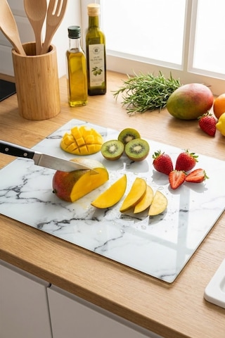 Makri Home Çiçek Desenli Cam, Kesme Tahtası, 25 35 Cm Çok Renkli