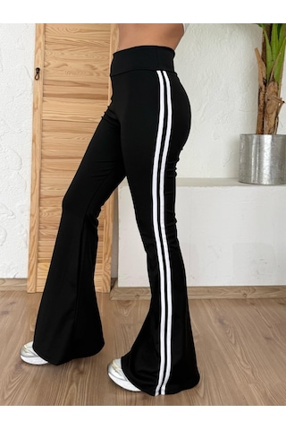 Munn Collection Kadın Yüksek Bel Şerit Detaylı Ispanyol Paçalı Dalgıç Pantolon SiYAH