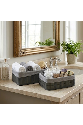Gri 2 Boy D.dörtgen Bambu Kenar Organizer Sepet Ahşap Altlık - Bezli 25x14-28x18cm 5468 Çok Renkli