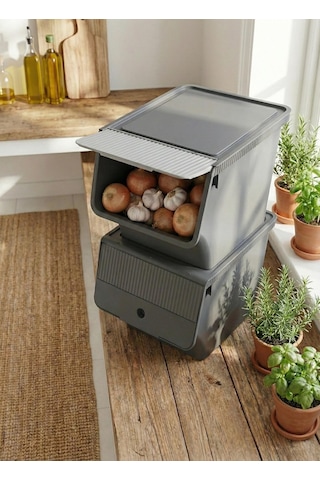 Füme 2'li 33 Lt Modubox Kayar Kapaklı Saklama Kabı & Patates Soğan Kovası & Erzak Kutusu Füme