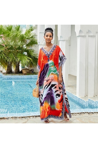 Edolynsa Kadınlar İçin Renkli Bohem Kaftan Elbise V Yakalı Mayo Örtüsü Büyük Beden Yarasa Kollu Plaj Giyim Uzun Tatil Bornozu Q841 Çok Renkli
