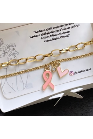 Pembe Kurdele Ve Kalp Detaylı Paslanmaz Çelik Kadın Bilekliği Altın - Çelik