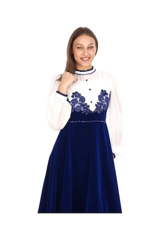 Göğüs Dantel İşlemeli Kadife Abiye 2743- Saks