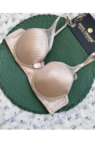 Evelyn Parlak Saten Çizgi Detaylı C Cup Balenli Desteksiz Önü Tül Bej