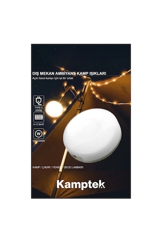 Kamptek Şarj Edilebilir Kamp Lambası - 10 Metre Peri Led Işıklı, 2000mah, 8 Modlu Taşınabilir Kamp Aydınlatması Beyaz