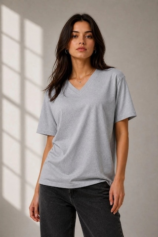 Alfanora Kadın V Yaka Basic Tişört Kısa Kol Yazlık Regular Fit T-shirt - Gri