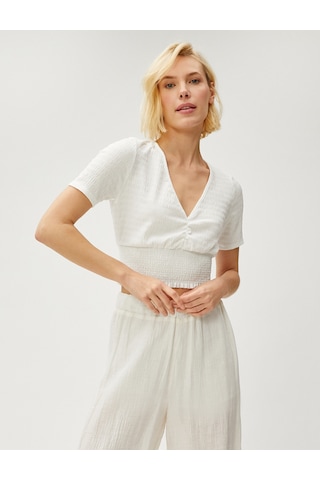 Koton Crop Tişört Gipeli V Yaka Beyaz 3sak50069ek Beyaz