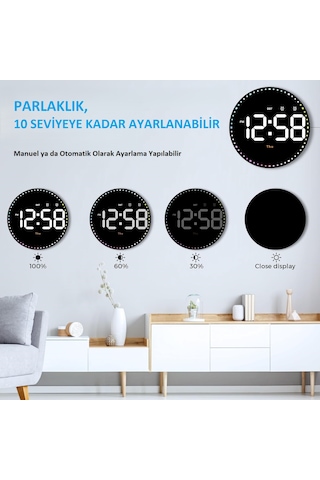 10'' Akıllı Dijital Duvar Saati Led Ekran Uzaktan Kumanda Alarm Siyah
