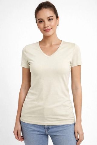 Wear Vexel Kadın T-shirt V Yaka Slim Fit Likralı Tişört Yazlık Basic Body - Taş Taş