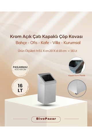 Krom Sallanır Çatı Kapaklı Çöp Kovası 16 Lt Krom
