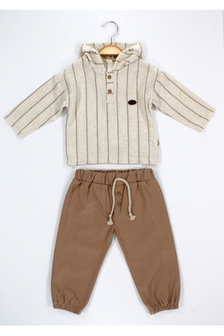 Babyhola Erkek Bebek Bayramlık Takım Müslin Kumaş Kapüşonlu Üst Ve Pantolon Set 2219 Kahverengi