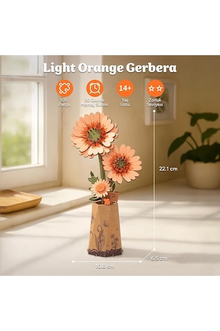 Rowood Tw111 Gerbera Çiçeği Light Orange Gerbera Dıy Minyatür Maket Model Set Ahşap 3d Wooden Puzzle 3d Model Kit Ahşap Maket Dekoratif Hobi Seti