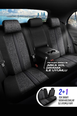 Füme - Gri Panda Sevılla Serısı Keten Kumaş Oto Koltuk Kılıfı - Tam Set