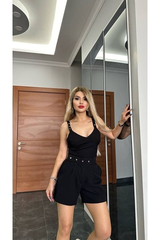 Askılı Crop Şort Takım Taşlı Kemerli Siyah Siyah