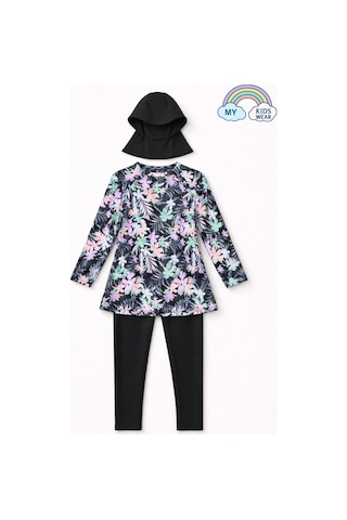 My Kids Wear Kız Çocuk Tesettür Mayo 3 Lü Takım Üst + Tayt + Bone 12567 Gök Mavi