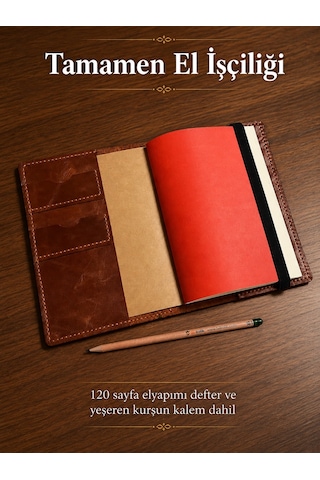 Bilikolik Hakiki Deri A5 Defter Kılıfı, El Yapımı, Telefon Cepli Ajanda Organizer, Defter Ve Kalem Dahil Kahverengi - Taba