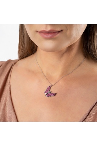 Fuşya Zirkon Taşlı Zarif Tasarım 925 Ayar Gümüş Kelebek Kolye (459601727)