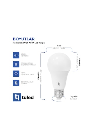 Redeem A60a E27 Led Ampul, Titreşimsiz, Göz Konforu, 747 Lümen, Tuled Beyazı, 5000 Kelvin