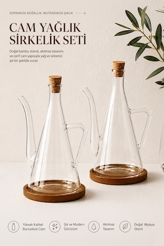 4 Parça Akasya Altlıklı Borosilikat Yağlık Sirkelik Seti 500 Ml Sızdırmaz Yağdanlık Seti Şeffaf