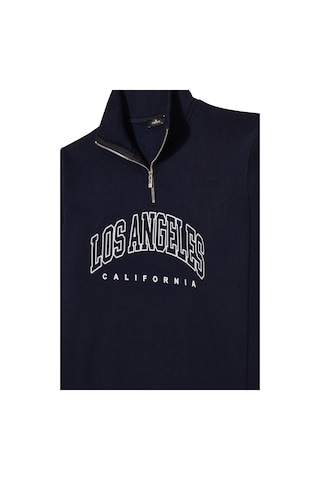 Tudors Erkek Relax Fit Rahat Kesim Pamuklu Yarım Fermuarlı Baskılı Lacivert Sweatshirt-42296 Lacivert