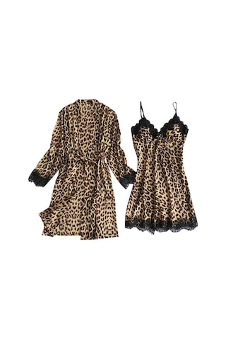 Flybuy Kadın İpek Pijama Takımı Saten V Yaka, Rahat Uzun Kollu, Soğuk Geçirmez Kahverengi