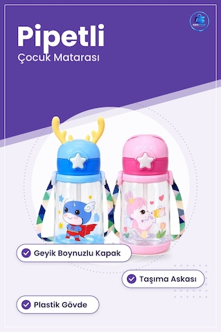 Geyik Boynuzlu Matara Çocuk Suluk Pipetli Asklı Kapaklı Plastik Ş Çok Renkli