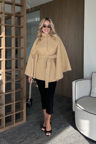 Camel Düğmeli Kuşaklı Kaşe Panço - 2055 Camel