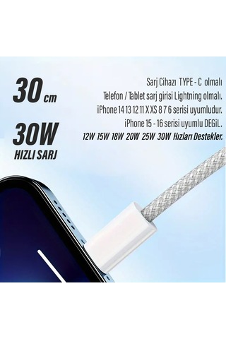 30cm İphone Şarj Kablosu Type C Lightning Hızlı İphone 14 13 12 11 Uyumlu
