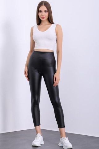 Pucka Fashion Içi Kadife Yüksek Bel Toparlayıcı Deri Taytsiyahxl Siyah