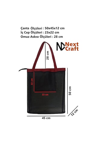 Next Craft Plaj Çantası Fileli Omuz Askılı İç Cepli Plaj Çantası Büyük Boy Siyah