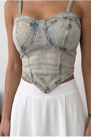 Herton Denim Büstiyer Kadın Askılı Crop Jean Üst Korse Form Çok Renkli