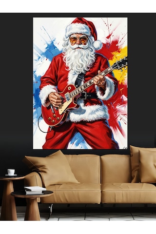 Ahşap Tablo Noel Baba Gitar Çalıyor Rock Hayvan Tabloları