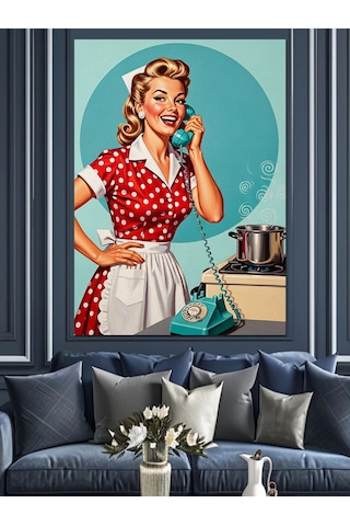 Telefonda Konuşan Retro Kadın Dekoratif Kanvas - Mdf Ahşap Tablo